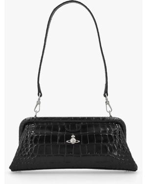 Vivienne Westwood Jane Frame Croc Embossed Leather Shoulder Bag Purse - Black