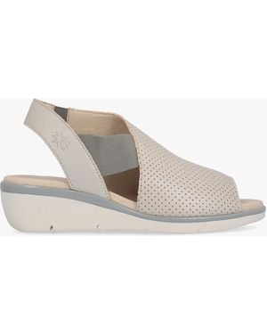 Fly London Nisi Silver Perforated Leather Low Wedge Sandals - White
