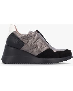 Wonders South Pewter Leather & Suede Wedge Trainers - Black