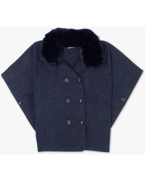 Daniel Navy Faux Fur Trim Double Breasted Cape - Blue