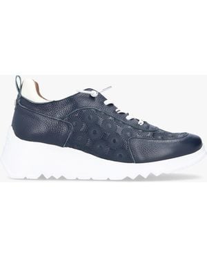 Wonders Eleven Navy Leather Wedge Trainers - Blue