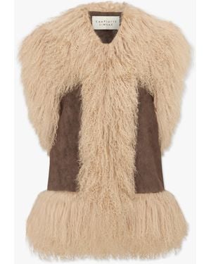 Charlotte Simone Stevie Greige Biscotti Suedette Mongolian Lambskin Trim Gillet - Natural