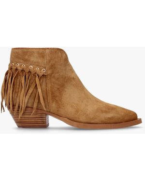 Alpe Ajax Tan Suede Fringed Western Stacked Heel Ankle Boots - Brown