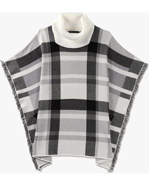 ALISON SHERRI Black & White Knitted Checked Fringe Poncho - Grey