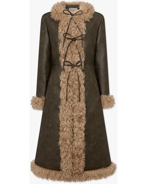 Charlotte Simone Margot Green Biscotti Faux Leather Mongolian Lambswool Longline Coat - Natural