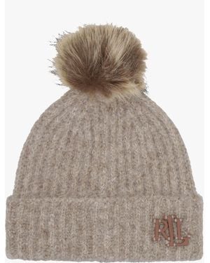 Ralph Lauren Fisherman Rib Pom Pom Taupe Beanie Hat - Grey