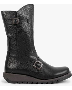 Fly London Mes Pebbled Leather Low Wedge Calf Boots - Black