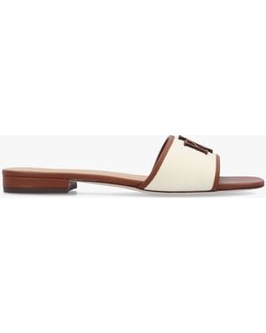 Ralph Lauren Everley Natural Tan Lauren Leather Trim Canvas Slide Sandals - White