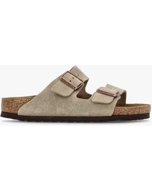 Birkenstock Arizona Taupe Suede Two Bar Mules - White