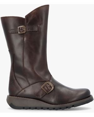 Fly London Mes Ii Dark Brown Leather Low Wedge Calf Boots