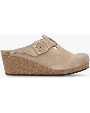 Papillio Fanny Ring Buckle Warm Sand Nubuck Wedge Mules - White