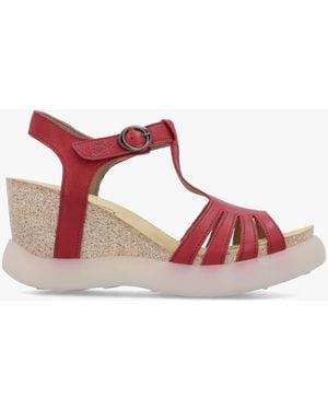Fly London Gait Cherry Leather T Bar Wedge Sandals - Red