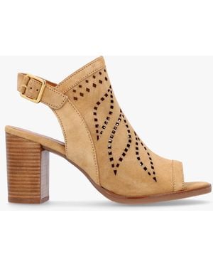 Alpe Arona Tan Suede Laser Cut Block Heel Sandals - Natural