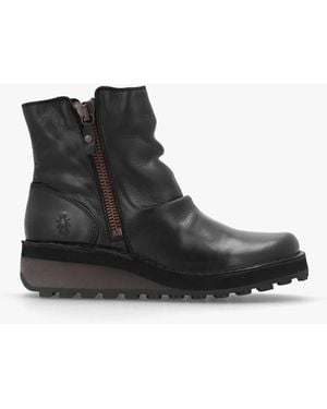 Fly London Hole Black Leather Low Wedge Ankle Boots