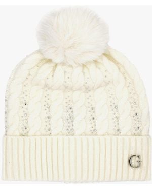 Guess Cream Knitted G Logo Diamante Pom Pom Beanie Hat - Natural