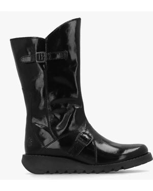 Fly London Mes Ii Leather Low Wedge Calf Boots - Black