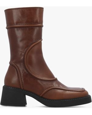 Miista Malene Tan Leather Block Heel Calf Boots - Brown