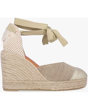 Daniel Kendall Beige Textile Gold Leather Toe Cap Wedge Espadrilles - White