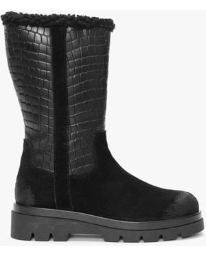 Manas Black Suede Moc Croc Calf Boots