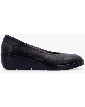 Fly London Numa Black Leather Low Wedge Court Shoes - Blue