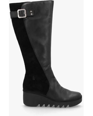 Fly London Befy Black Leather & Suede Wedge Knee Boots