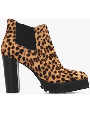 Daniel Shlock Leopard Pony Hair Low Cut Platform Block Heel Ankle Boots - Brown