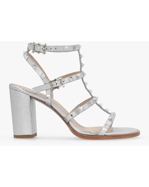 Daniel Pitter Silver Leather Studded Block Heeled Sandals - White