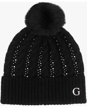 Guess Knitted G Logo Diamante Pom Pom Beanie Hat - Black