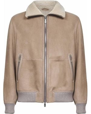 Brunello Cucinelli Suede Curly Shearling Bomber Jacket - Natural