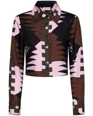 PUCCI Khaki And Valdimontone-Print Silk Twill Cropped Shirt - Black