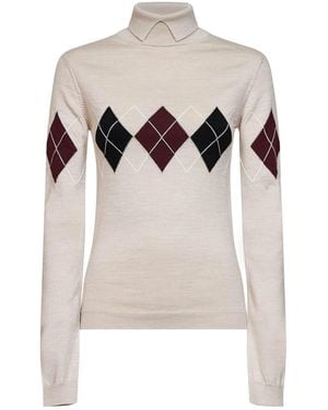 Mugler Argyle-Pattern Virgin Wool Knit Turtleneck Jumper - White