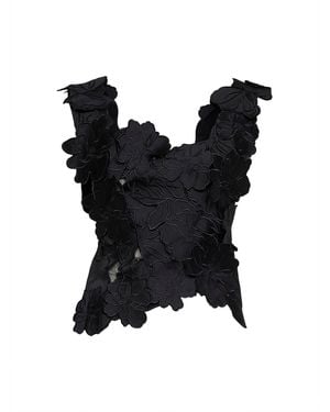 Costarellos Floral-Cut Embroidery Satin Liess Top - Black