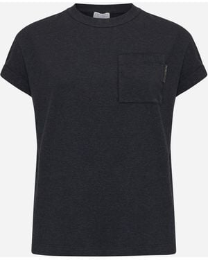 Brunello Cucinelli Anthracite Crewneck T-shirt With Shiny Pocket Detail - Black