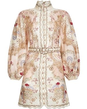 Zimmermann Wallpaper Floral-Print Blush Linen Daylight Mini Dress - White
