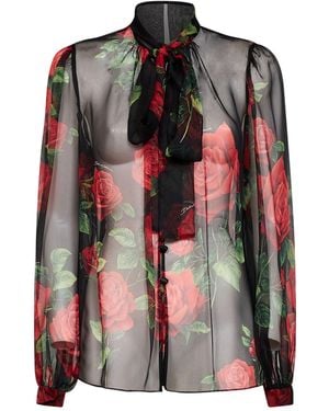 Dolce & Gabbana Rose-Print Silk Chiffon Blouse - Black