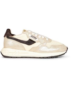 Autry Platinum Nylon And Glitter Suede Reelwind Low Sneakers - White