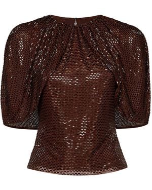 Self-Portrait Rhinestone-Embellished Tulle Top With Cape Sleeves - Brown