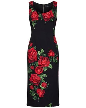Dolce & Gabbana Rose-Print Stretch Charmeuse Midi Sheath Dress - Red