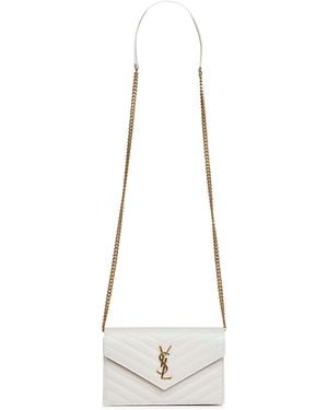 Saint Laurent Soft Cream Cassandre Classic Envelope Clutch With Chain Shoulde Strap - White