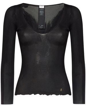 Saint Laurent Ribbed Silk Knit Cassandre Top - Black