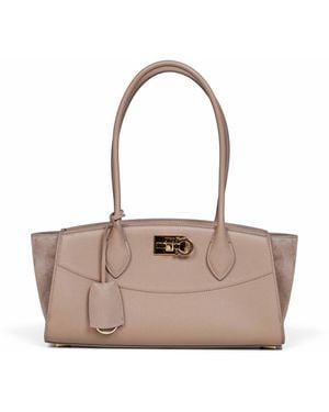 Ferragamo Taupe New Studio Soft Bag East West (M) Handbag<Br - Natural