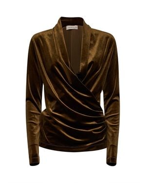 Blanca Vita Stretch Velvet Bajer Draped Wrap Blouse - Black