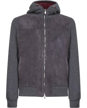 Brunello Cucinelli Suede And Knit Hooded Jacket - Grey
