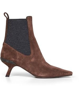 Brunello Cucinelli Espresso Suede Heeled Ankle Boots With Precious Details - Brown