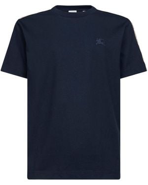 Burberry Cotton T-Shirt With Check Trims - Blue