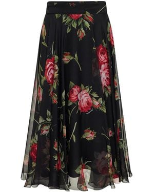 Dolce & Gabbana Rose Bouquet Printed Chiffon Midi Full Skirt - Black