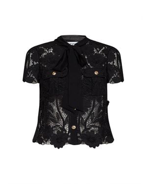 Self-Portrait Macramé Lace Top With Tie Neck - Black
