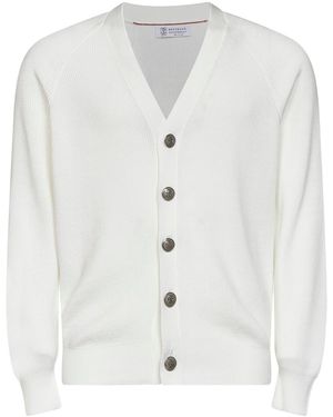 Brunello Cucinelli English Rib Stitch Cotton Knit Cardigan - White