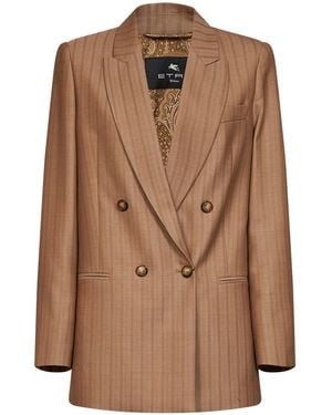 Etro Camel Striped Wool Jacquard Double-Breasted Blazer - Brown