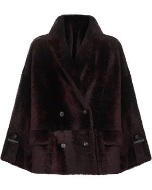 Brunello Cucinelli Burgundy Nappa Leather And Fur Reversible Caban - Black